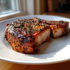 A perfectly seasoned and juicy baked pork chop, sliced slightly, resting on a white plate.