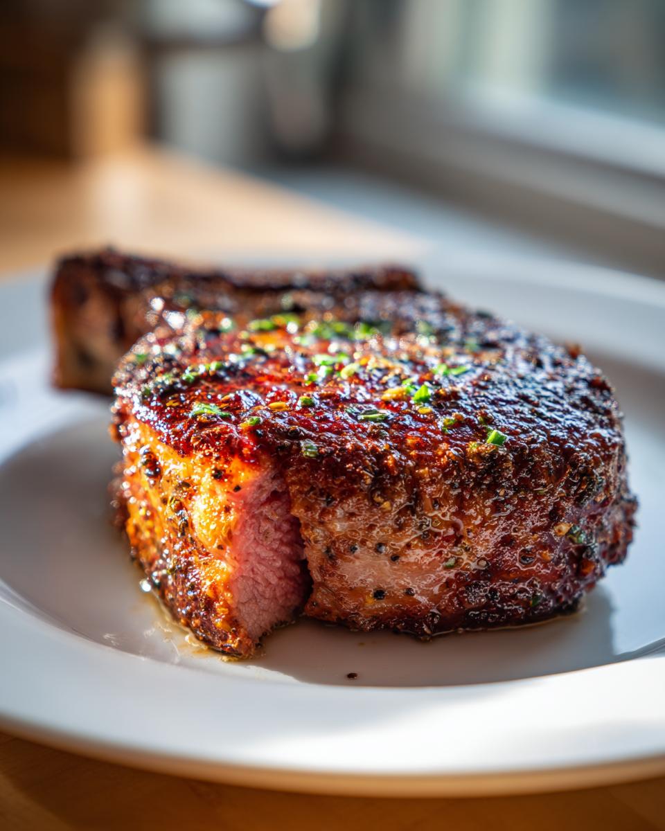 Close-up of a perfectly seared and juicy baked pork chop, showing a pink center and herb garnish.