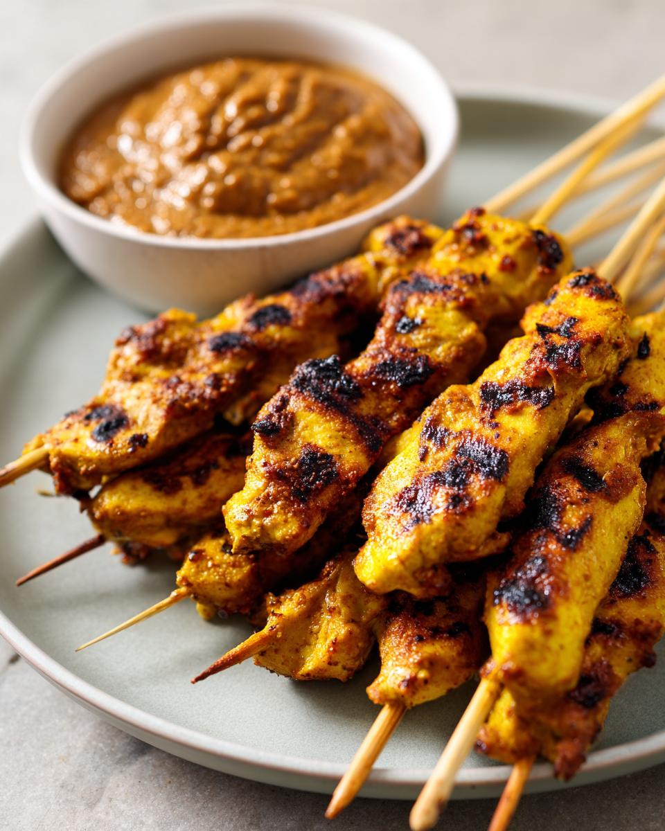Close-up of grilled, yellow-marinated chicken satay skewers served with a side of creamy peanut dipping sauce.