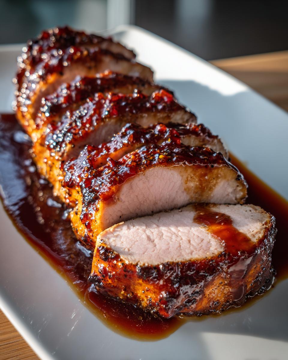 Close-up of a perfectly cooked and sliced pork tenderloin recipe, covered in a thick, dark, glossy glaze.