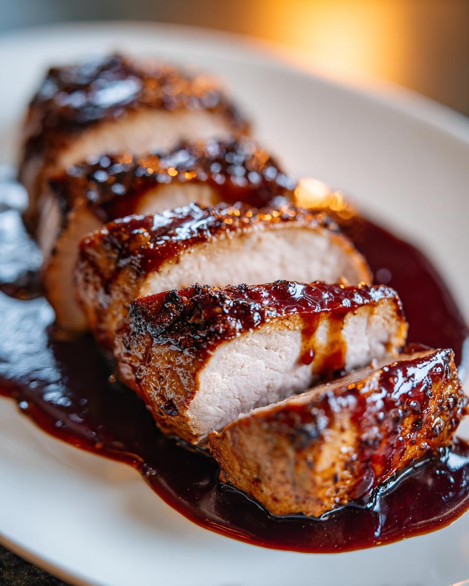 Close-up of sliced, juicy pork tenderloin recipe coated in a dark, shiny glaze, resting in sauce.