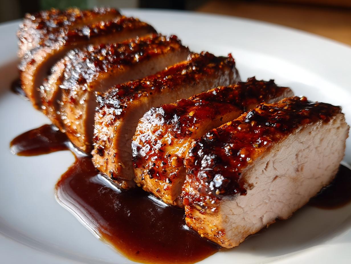 Close-up of a perfectly cooked pork tenderloin recipe, sliced and drizzled with a dark, glossy glaze.