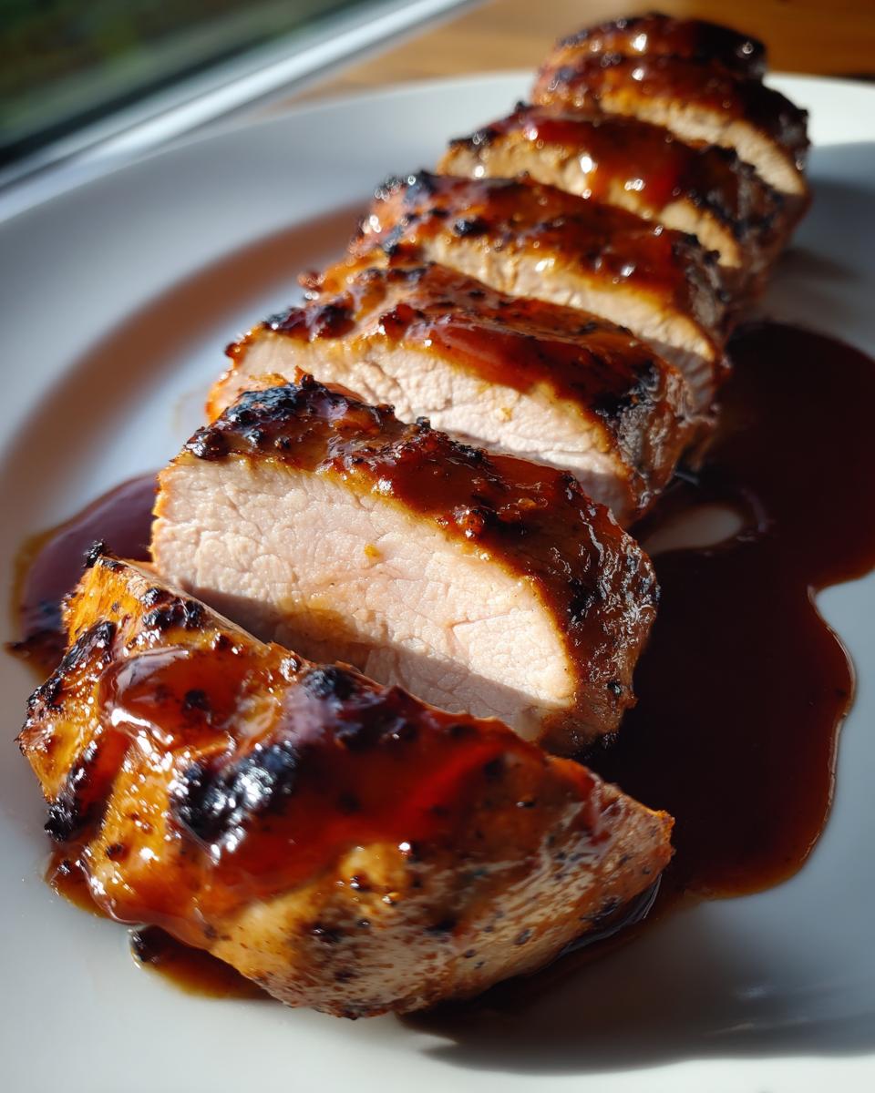 Close-up of a juicy, sliced pork tenderloin recipe coated in a dark, glossy glaze and resting in sauce.