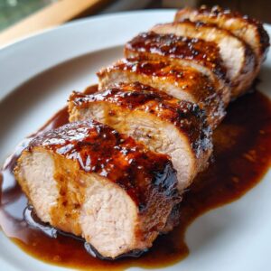 Close-up of sliced, juicy pork tenderloin recipe coated in a rich, dark glaze resting in sauce.