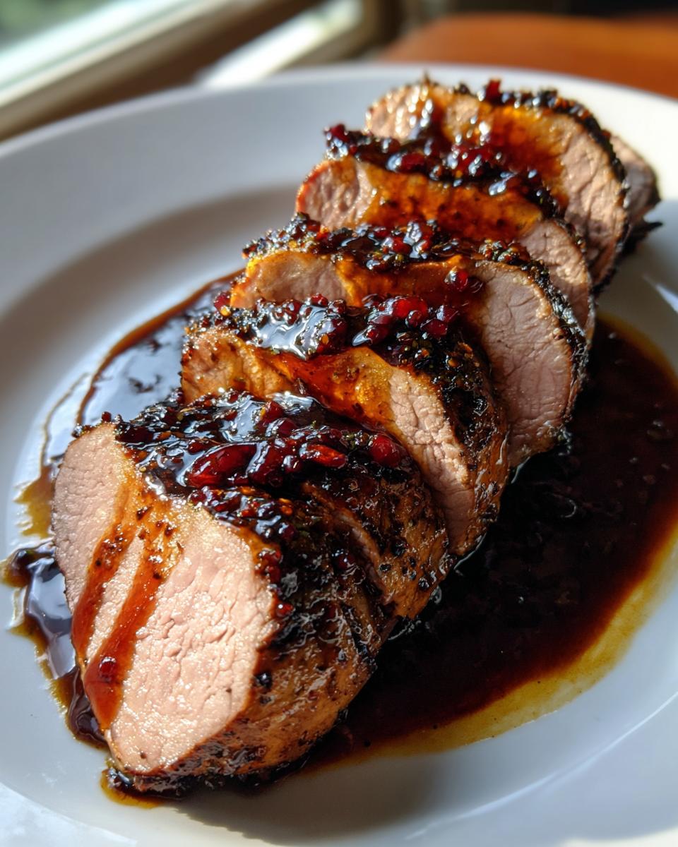Close-up of sliced pork tenderloin recipe, perfectly cooked and topped with a rich, dark glaze.