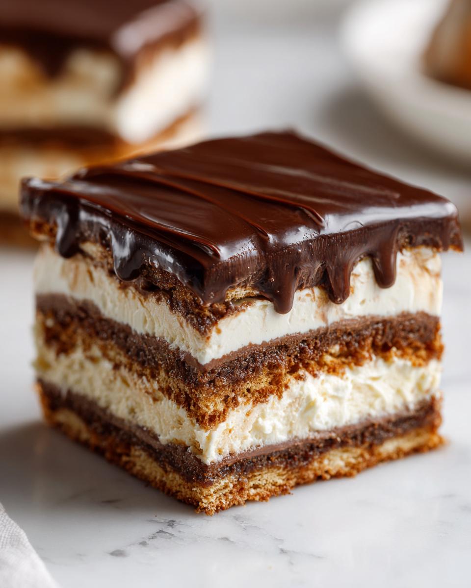 A decadent square slice of chocolate eclair cake showing layers of graham crackers, cream filling, and rich chocolate ganache topping.