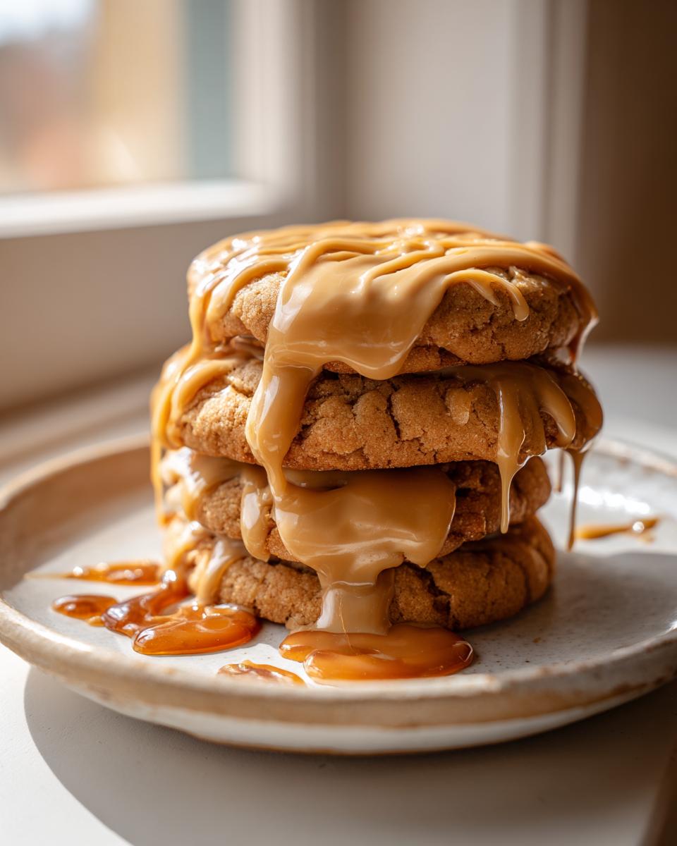 A stack of three soft maple cookies generously covered in a thick, dripping caramel glaze.