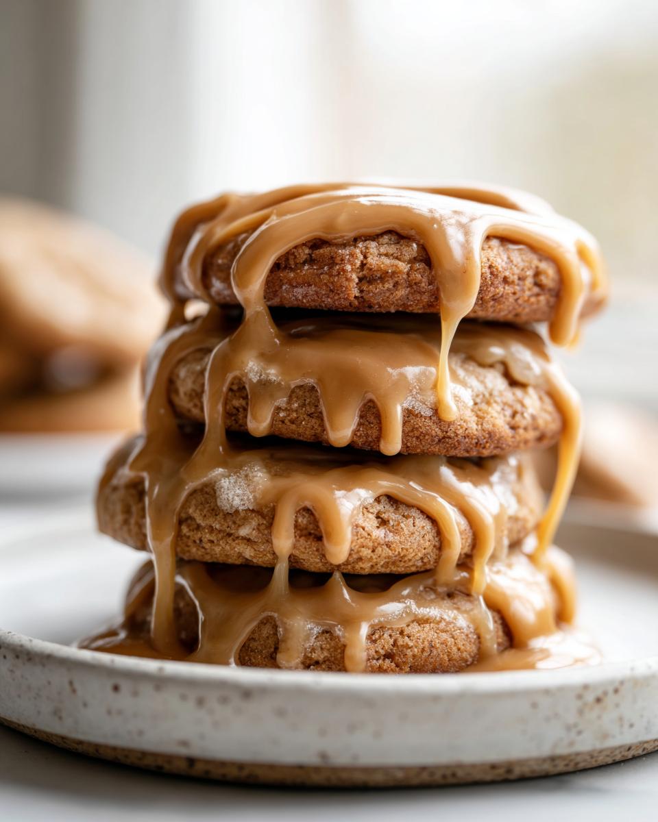 A stack of four soft maple cookies generously covered in a thick, dripping caramel glaze.