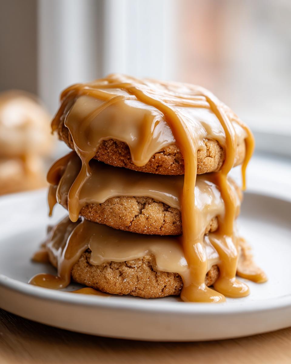 A stack of three soft maple cookies heavily drizzled with thick, flowing caramel glaze on a white plate.