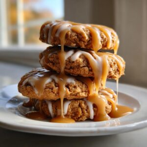 A tempting stack of three soft maple cookies generously drizzled with white icing and thick caramel sauce.