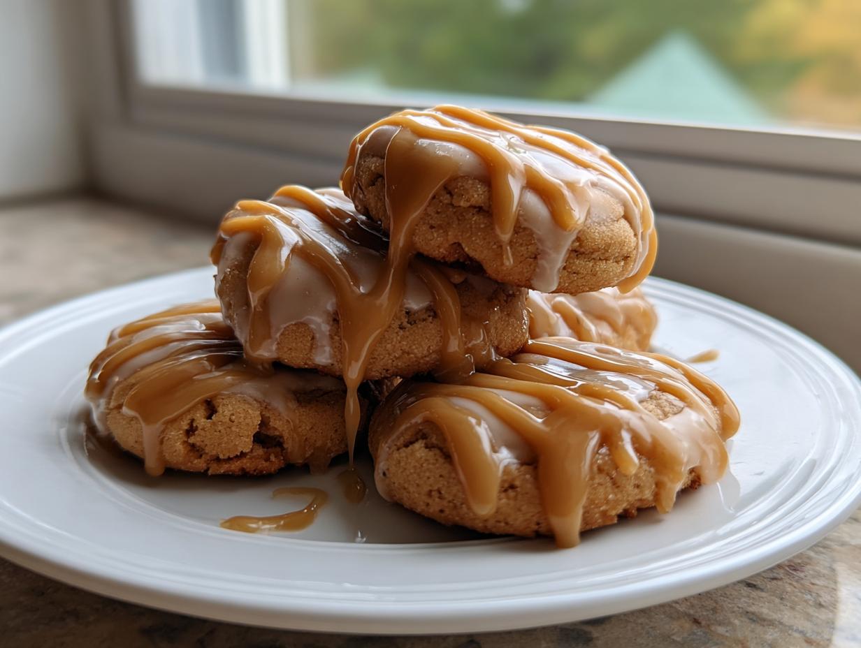 A stack of soft maple cookies generously drizzled with white icing and thick caramel glaze on a white plate.