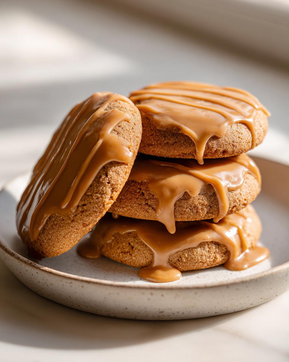 A stack of four soft maple cookies generously topped with dripping, thick caramel-colored maple glaze.