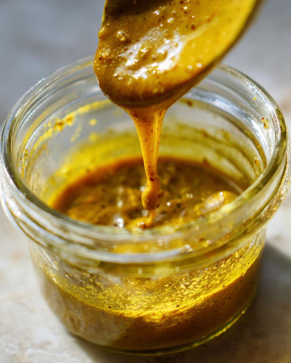 Close-up of thick, golden maple mustard salad dressing dripping from a spoon back into a small glass jar.