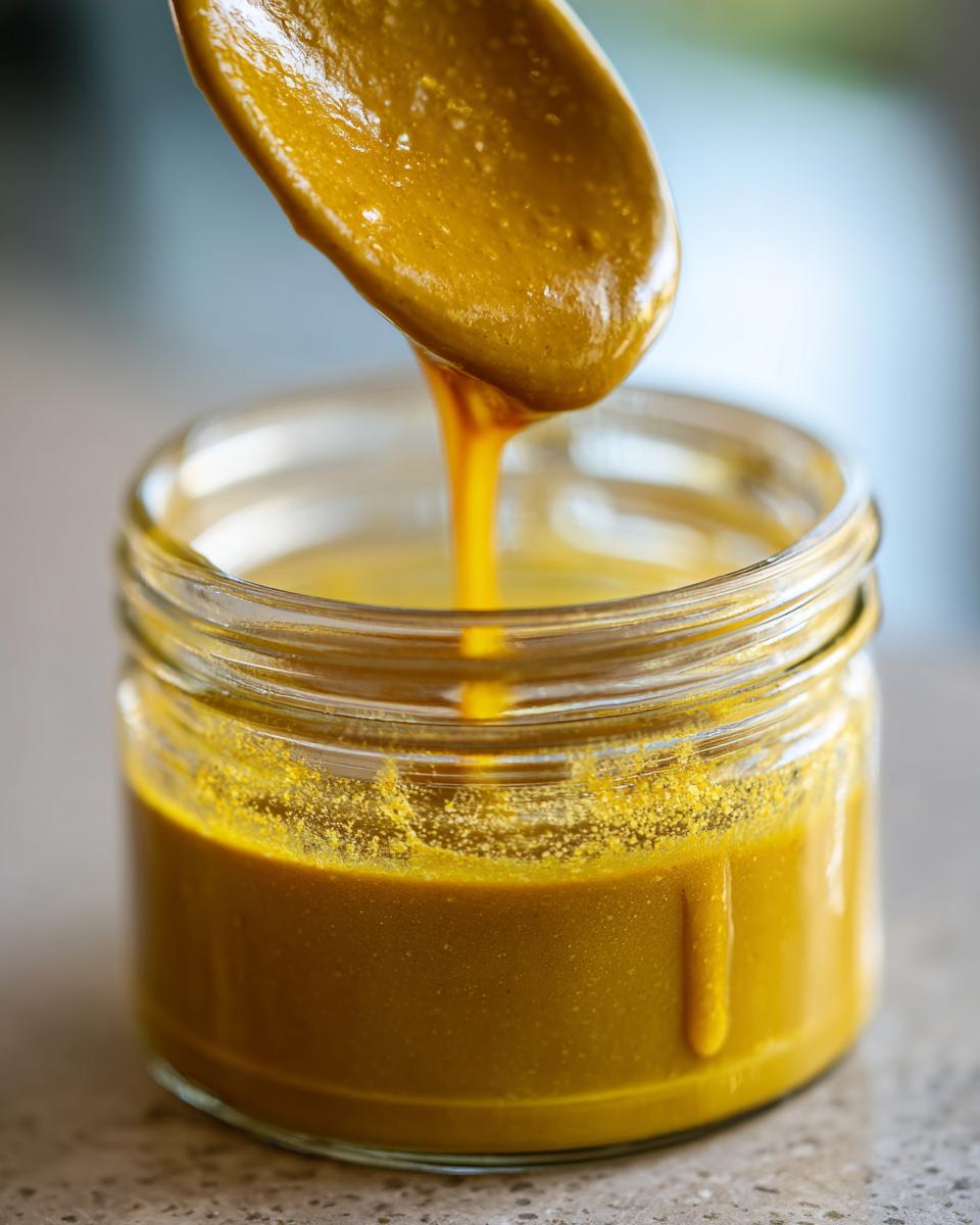 Close-up of thick, golden-yellow maple mustard salad dressing dripping from a spoon into a small glass jar.