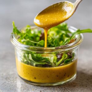 A spoonful of thick, golden maple mustard salad dressing is being poured over mixed greens in a small glass jar.