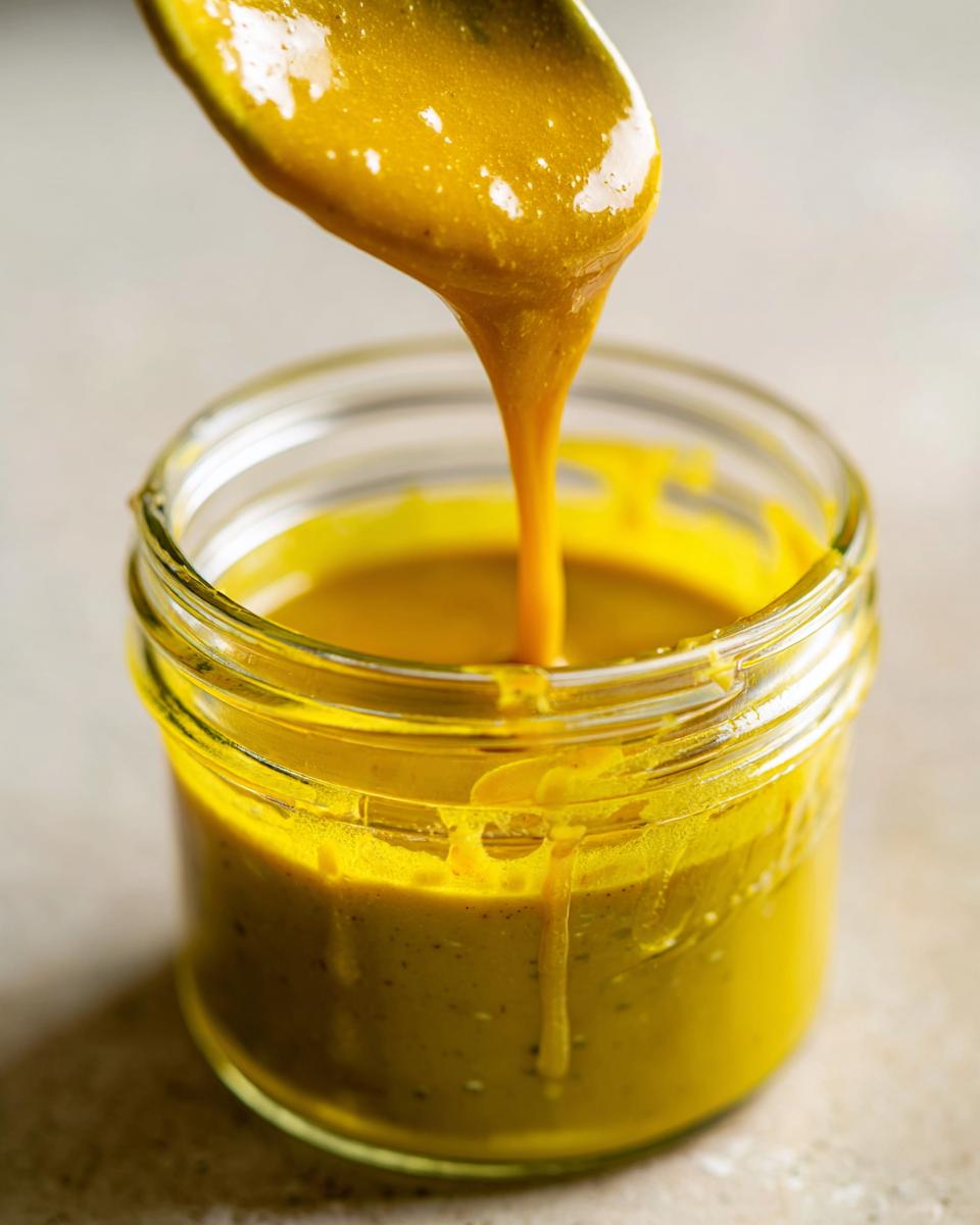 Close-up of thick, bright yellow maple mustard salad dressing being poured from a spoon into a small glass jar.