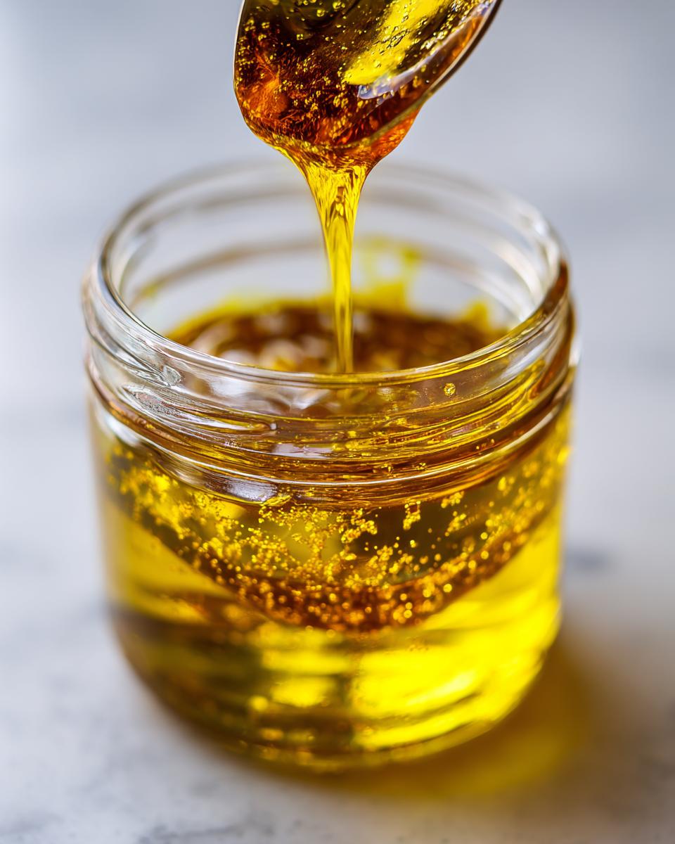 Close-up of thick, golden liquid being poured from a spoon into a jar containing a yellow salad dressing mixture.