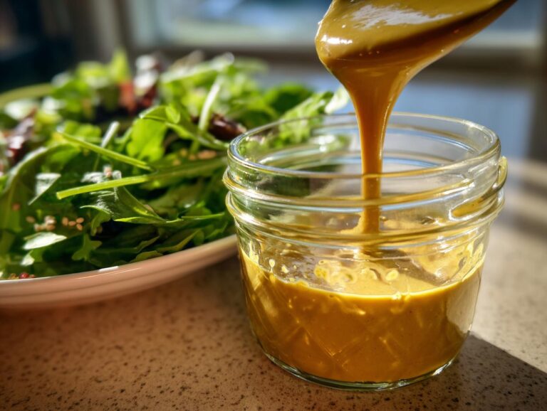 Thick, golden maple mustard salad dressing being poured from a spoon into a small glass jar, with a fresh green salad in the background.