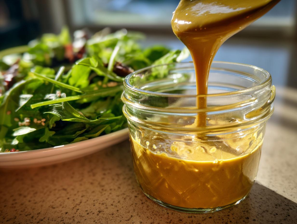 Thick, golden maple mustard salad dressing being poured from a spoon into a small glass jar, with a fresh green salad in the background.