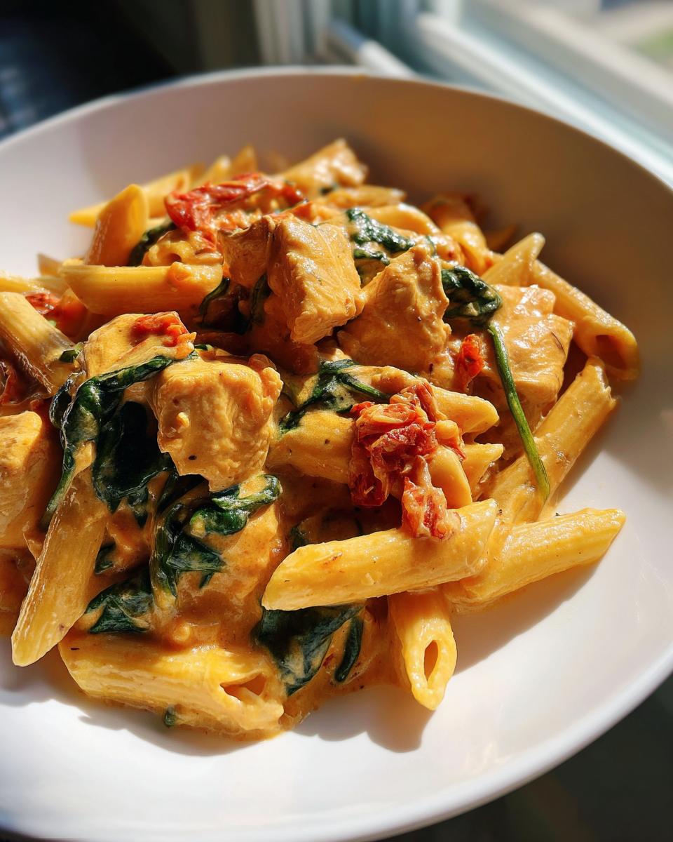 Close-up of a bowl of Marry Me Chicken Pasta featuring penne, creamy sauce, chicken chunks, spinach, and sun-dried tomatoes.