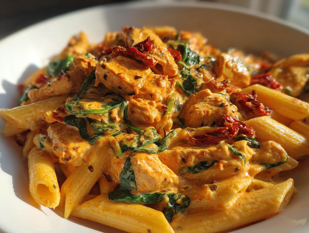 Close-up of creamy Marry Me Chicken Pasta featuring penne, chicken chunks, spinach, and sun-dried tomatoes.