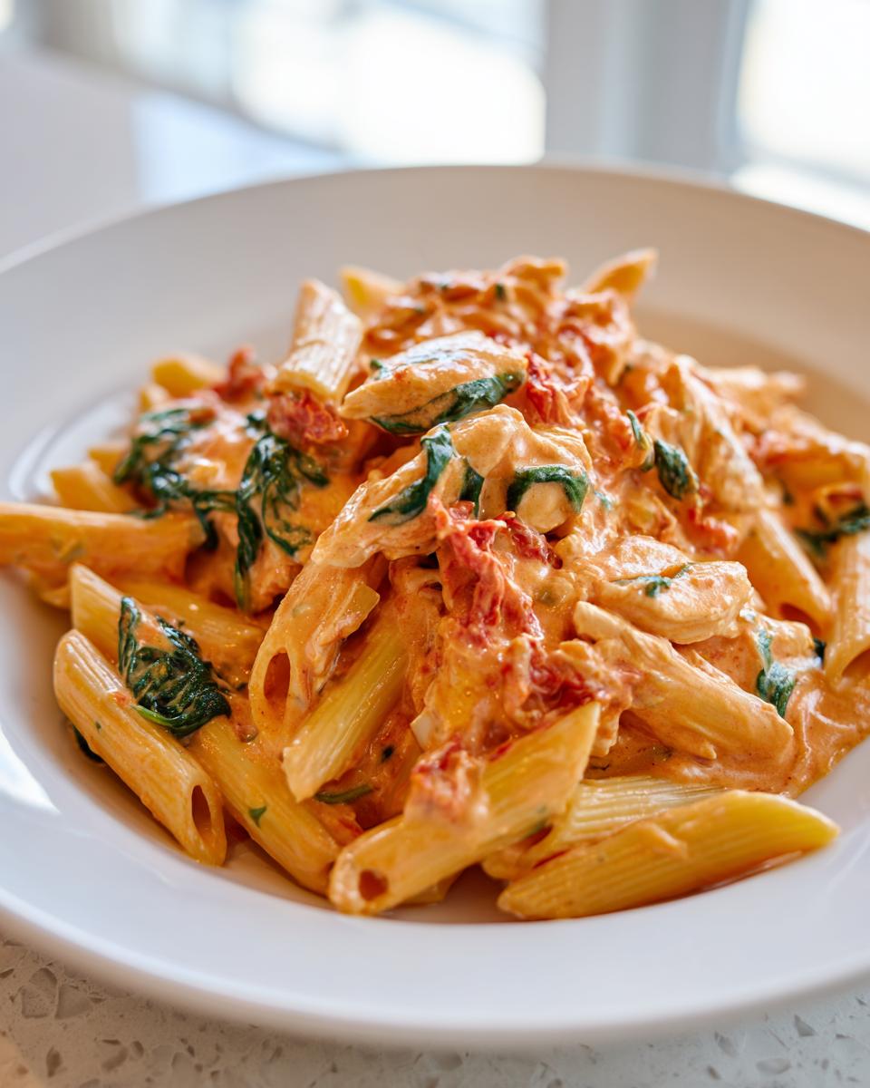 Close-up of a bowl of Marry Me Chicken Pasta featuring penne, creamy tomato sauce, spinach, and sun-dried tomatoes.