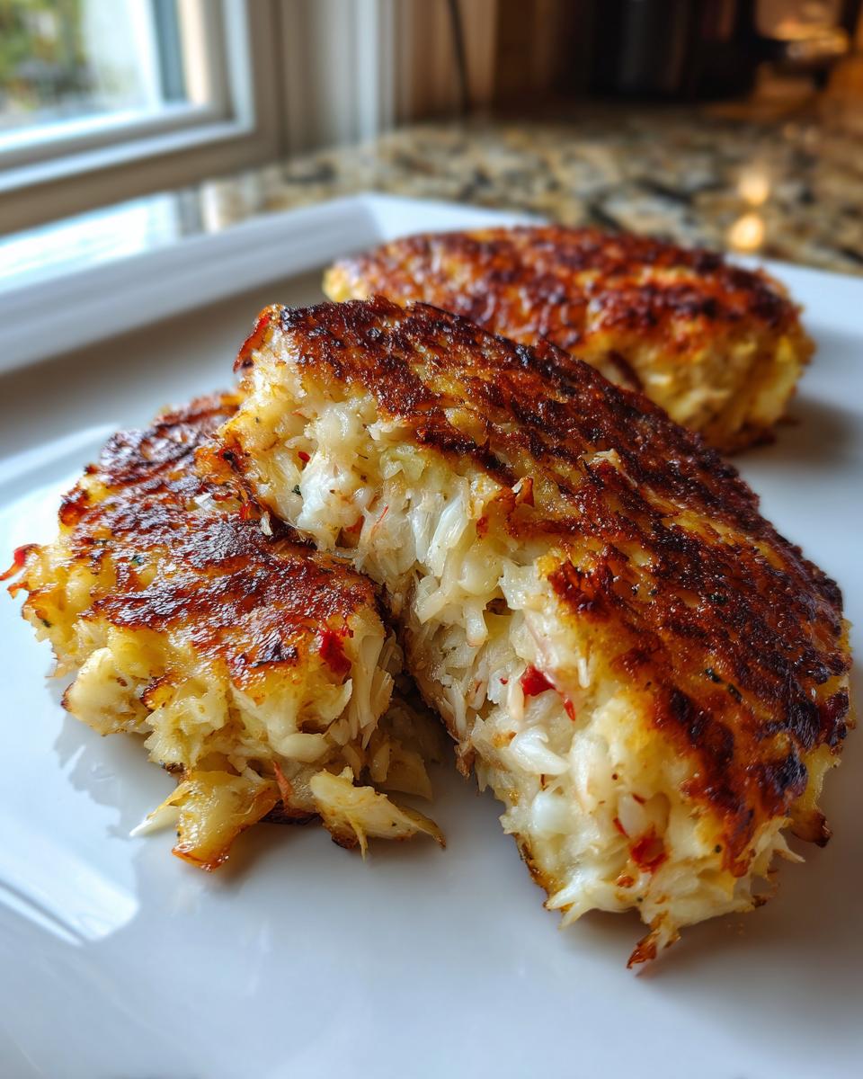 Close-up of a perfectly seared maryland crab cake cut in half, showing large chunks of white crab meat.