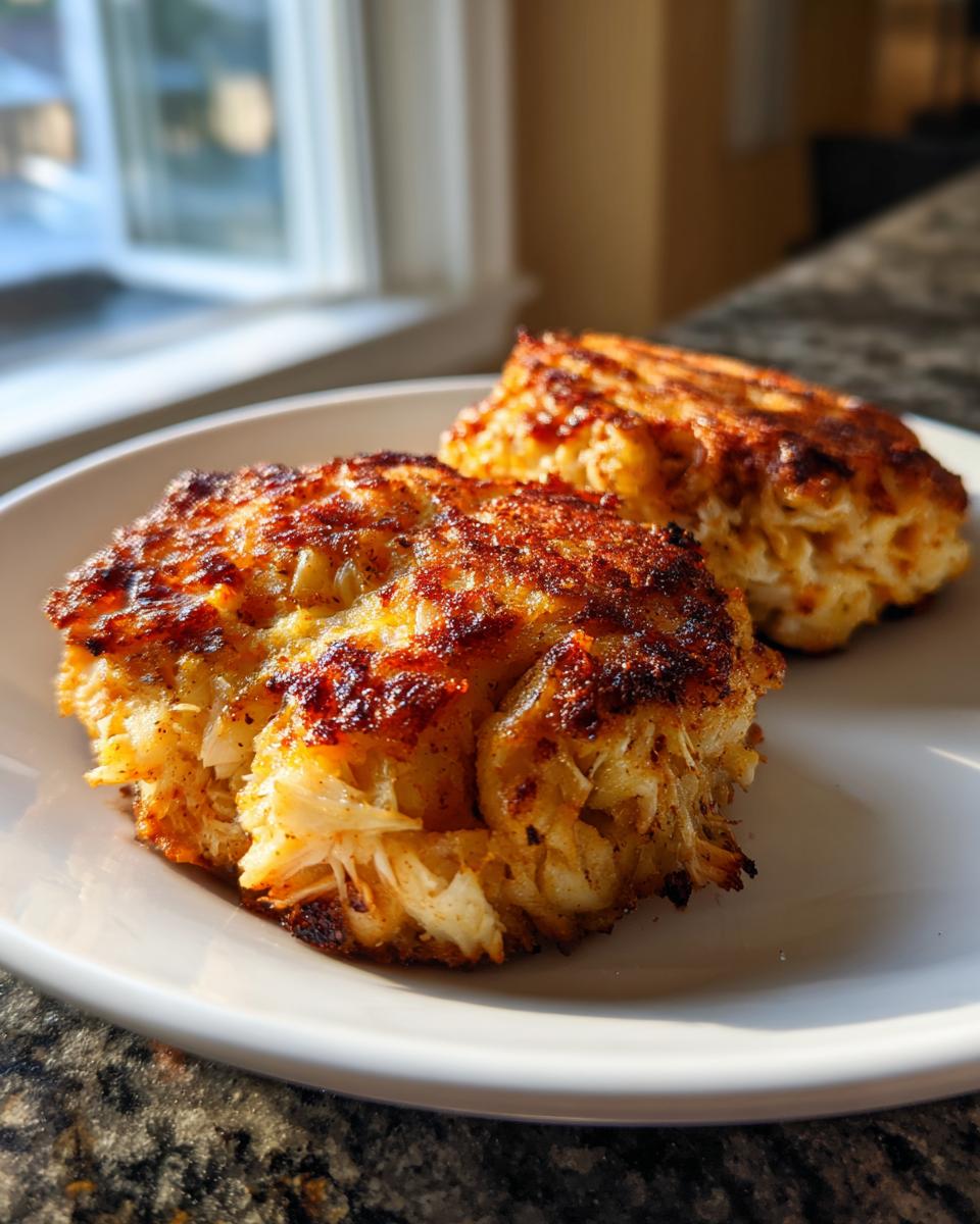 Two golden-brown, perfectly seared maryland crab cakes served on a white plate near a sunlit window.