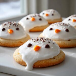 Close-up of several melted snowman cookies decorated with white icing, chocolate chip eyes, and orange candy noses.