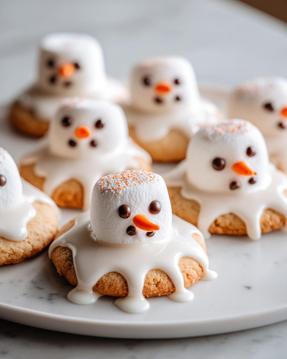 Several melted snowman cookies featuring a marshmallow head melting into white icing over a round cookie base.