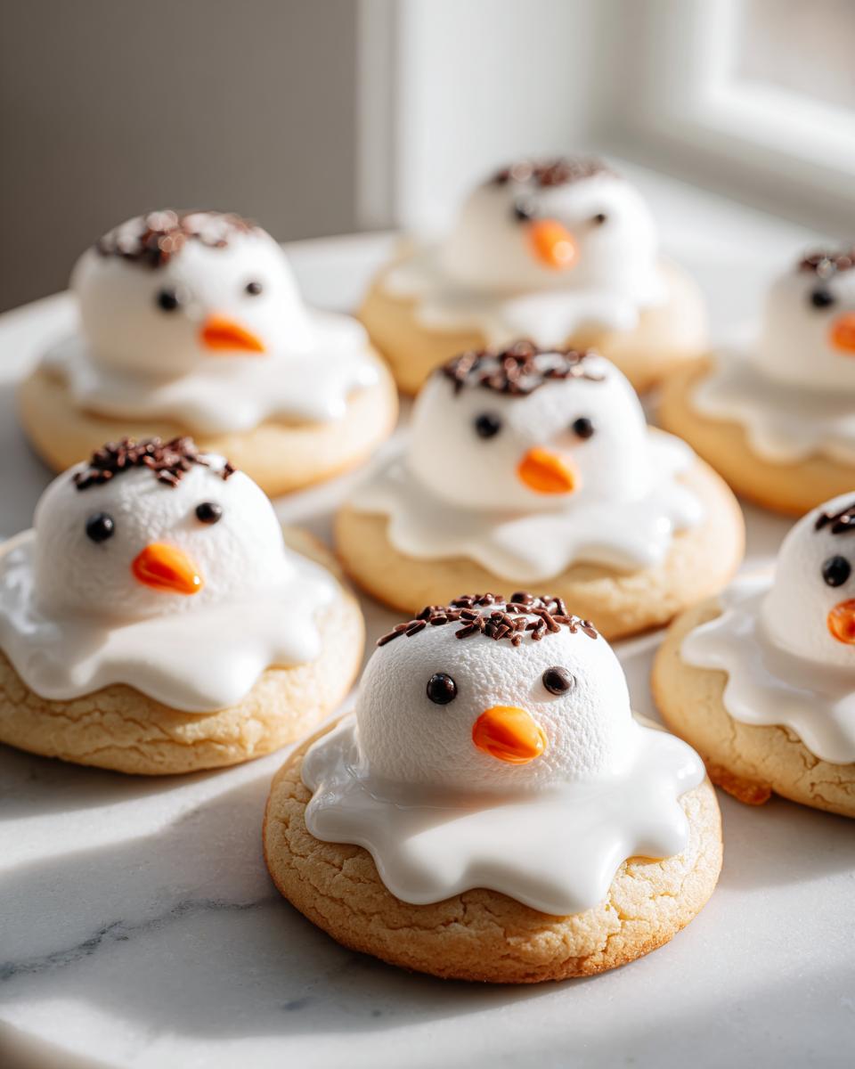 Several close-up shots of melted snowman cookies featuring a marshmallow body, orange candy nose, and chocolate sprinkle hair.