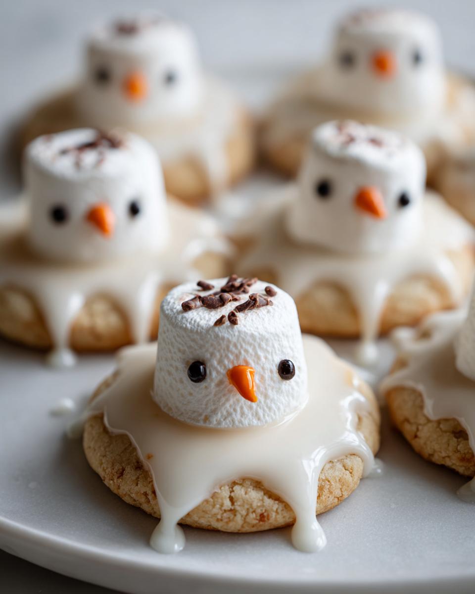 A close-up of one of the melted snowman cookies, featuring a marshmallow head melting into white icing on a sugar cookie base.