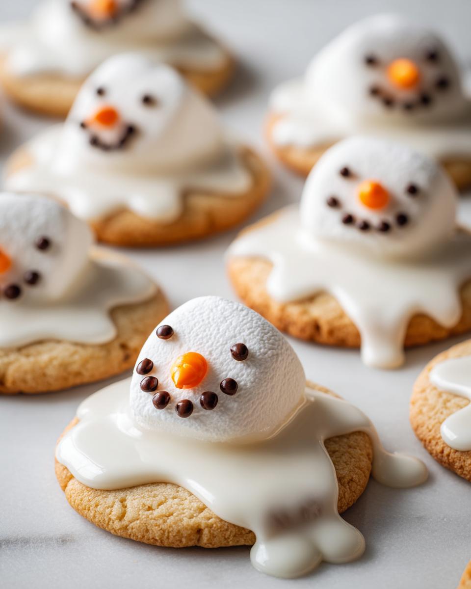 Close-up of a melted snowman cookie featuring a marshmallow head, chocolate chip eyes and mouth, and an orange candy nose on white icing.