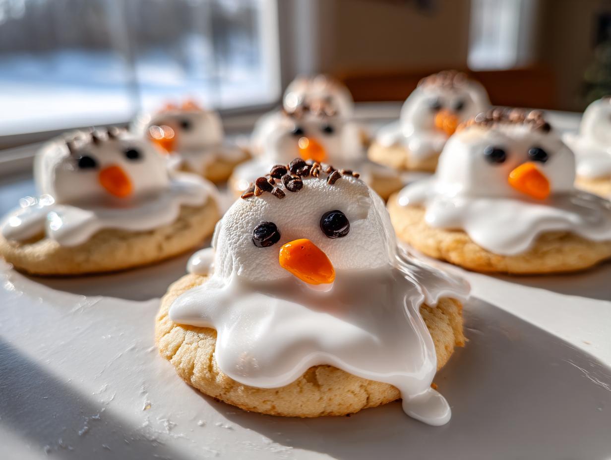 A close-up of several melted snowman cookies featuring white icing melting over a base cookie, with candy eyes and orange noses.