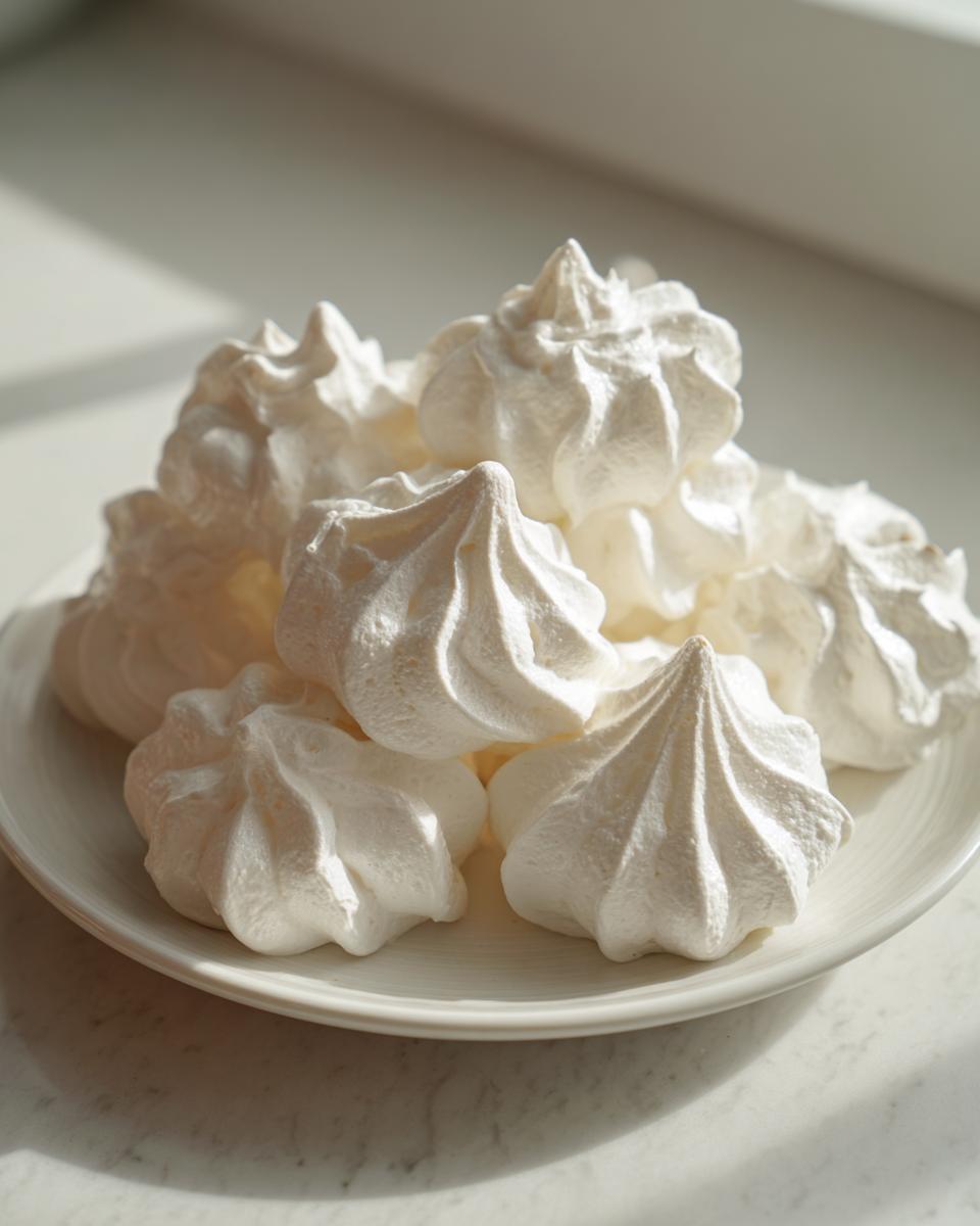 A close-up of several perfectly piped, crisp white meringue cookies piled on a white plate.