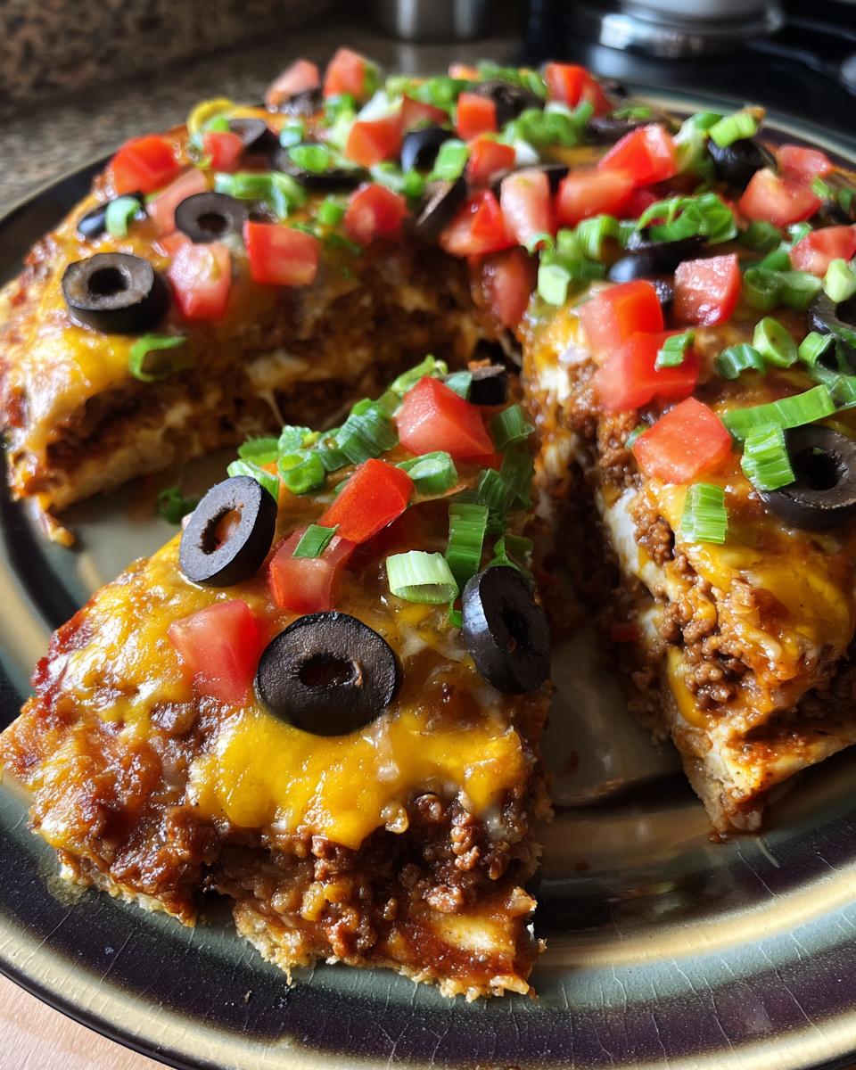 A slice removed from a layered mexican pizza topped with melted cheese, ground beef, tomatoes, olives, and green onions.