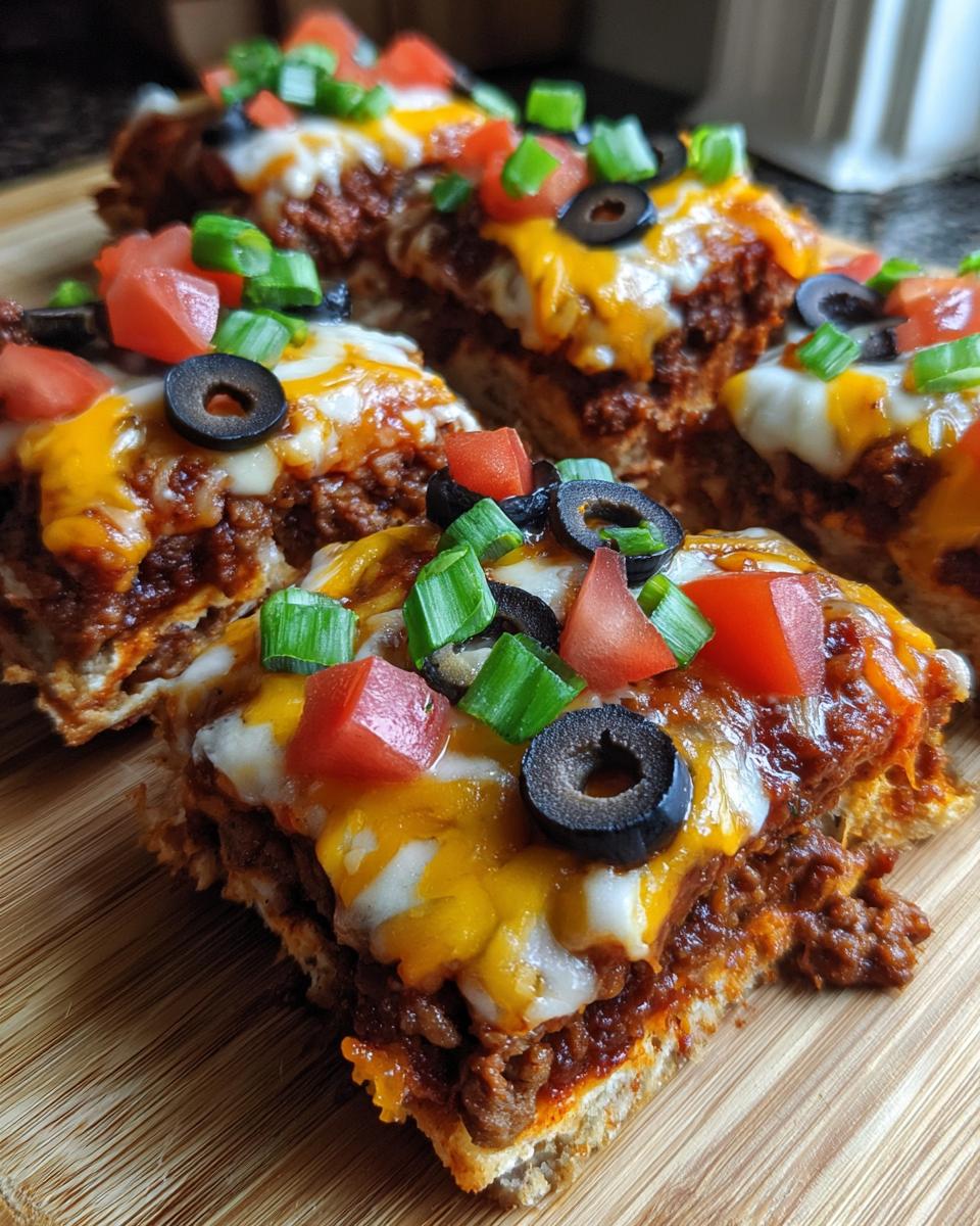 Four squares of homemade mexican pizza topped with seasoned beef, melted cheese, black olives, tomatoes, and green onions.