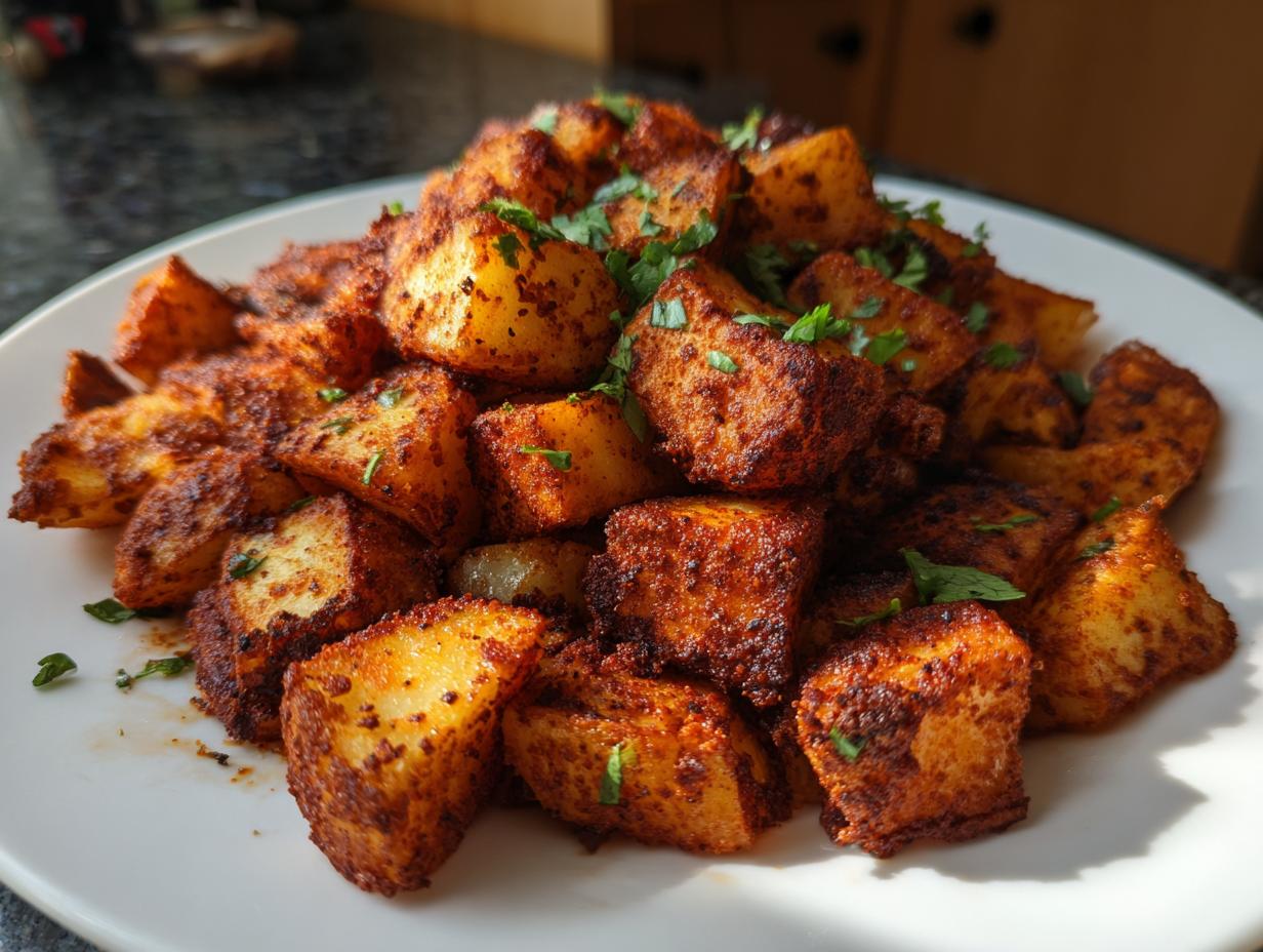 A close-up of perfectly roasted Mexican Potatoes seasoned with chili powder and topped with fresh cilantro.