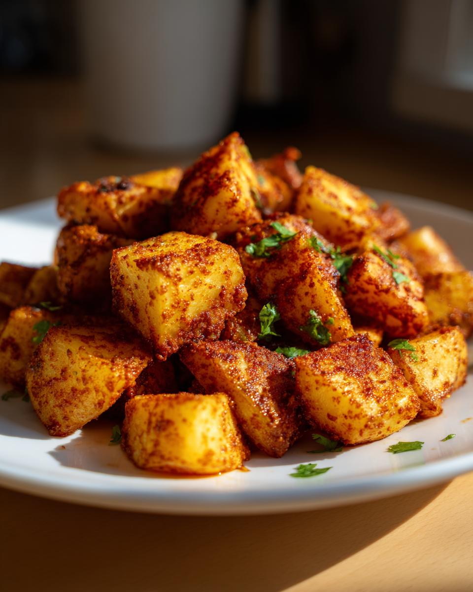 Close-up of perfectly roasted Mexican potatoes coated in chili seasoning, garnished with fresh cilantro.