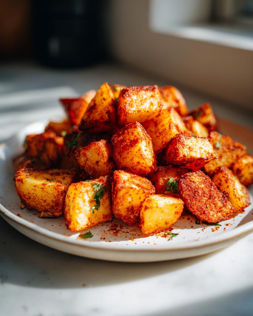 A pile of golden, roasted Mexican potatoes seasoned heavily with red spices, garnished with parsley, served on a white plate.
