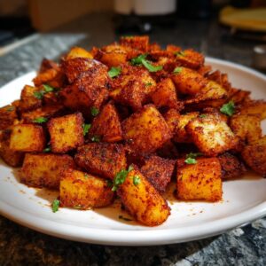 A close-up of perfectly roasted Mexican Potatoes, seasoned with red spices and garnished with fresh cilantro.