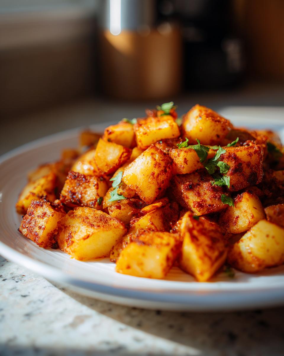 A close-up shot of perfectly seasoned, golden-brown Mexican Potatoes garnished with fresh cilantro on a white plate.