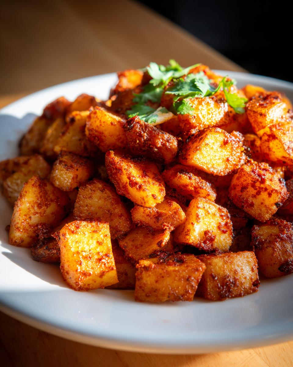 Close-up of seasoned, roasted Mexican potatoes piled on a white plate, garnished with fresh cilantro.