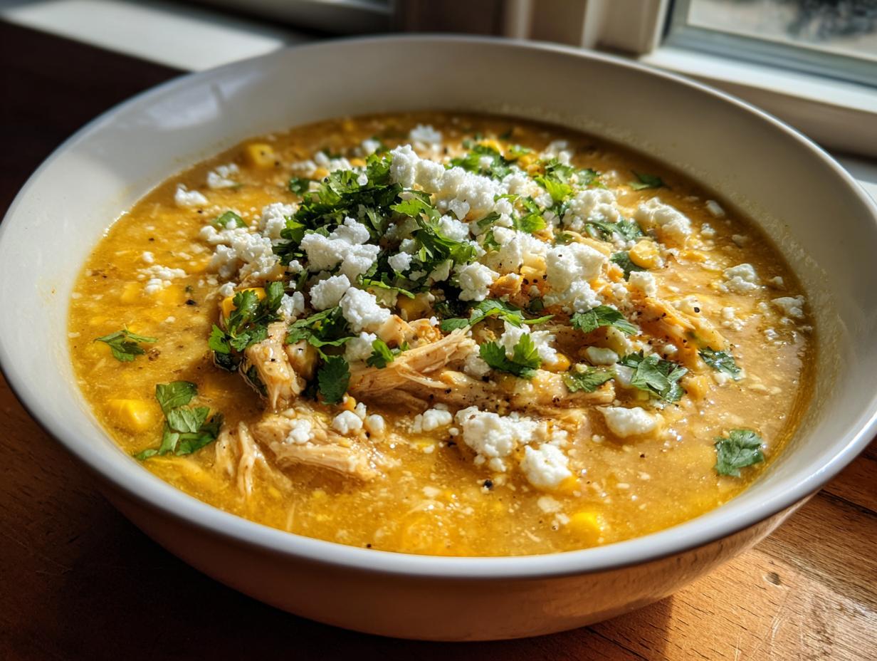 A close-up of a bowl of creamy, yellow Mexican street corn soup topped with shredded chicken, crumbled cotija cheese, and fresh cilantro.