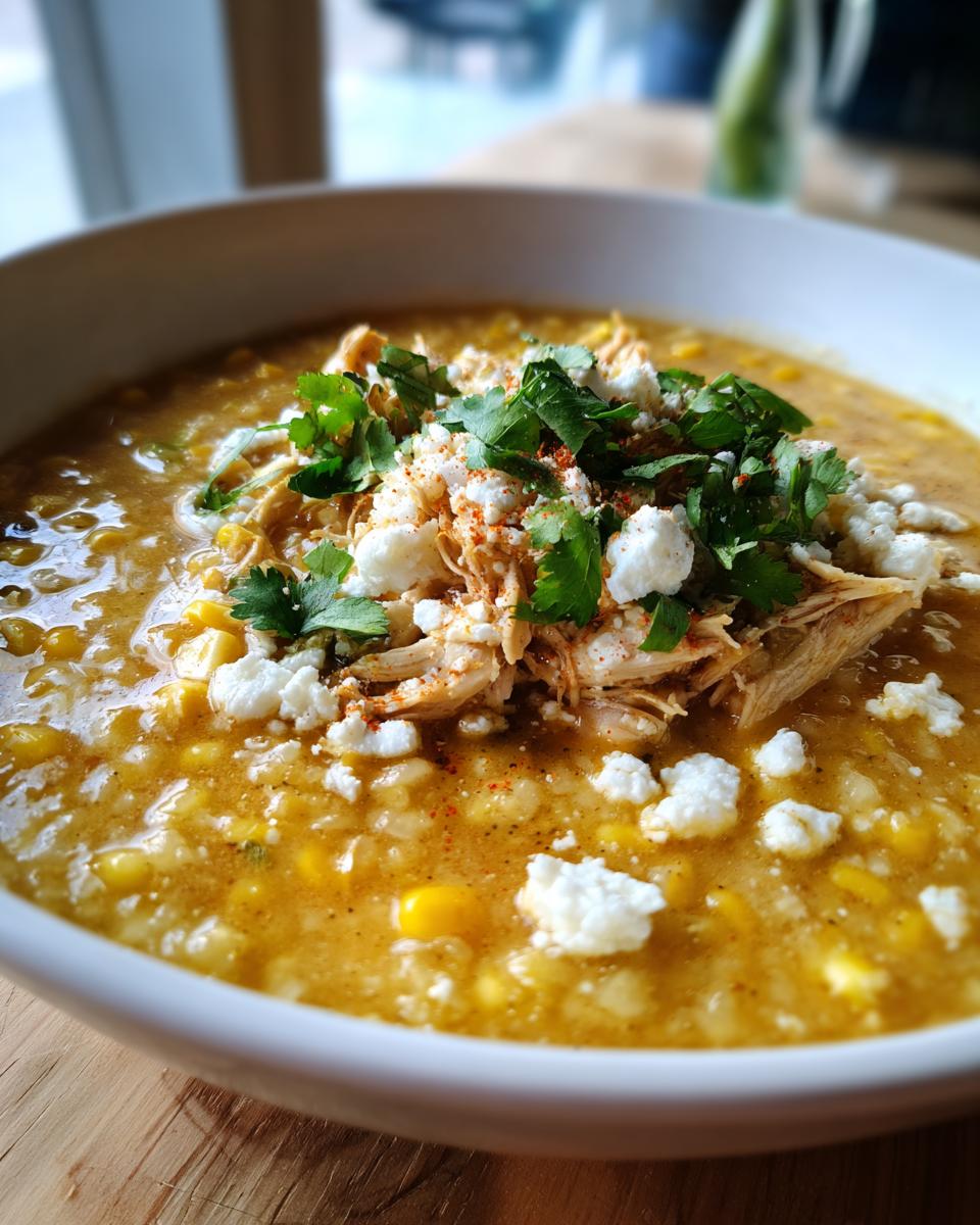 Close-up of a bowl of creamy Mexican street corn soup topped with shredded chicken, cotija cheese, and cilantro.