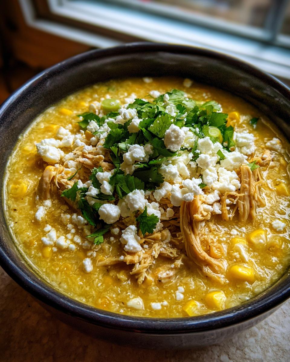 A close-up of a rich, yellow Mexican street corn soup topped with shredded chicken, crumbled cotija cheese, and fresh cilantro.