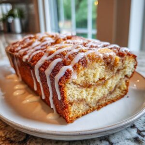 A freshly baked loaf of apple bread with a cinnamon swirl and white icing drizzle on a plate.