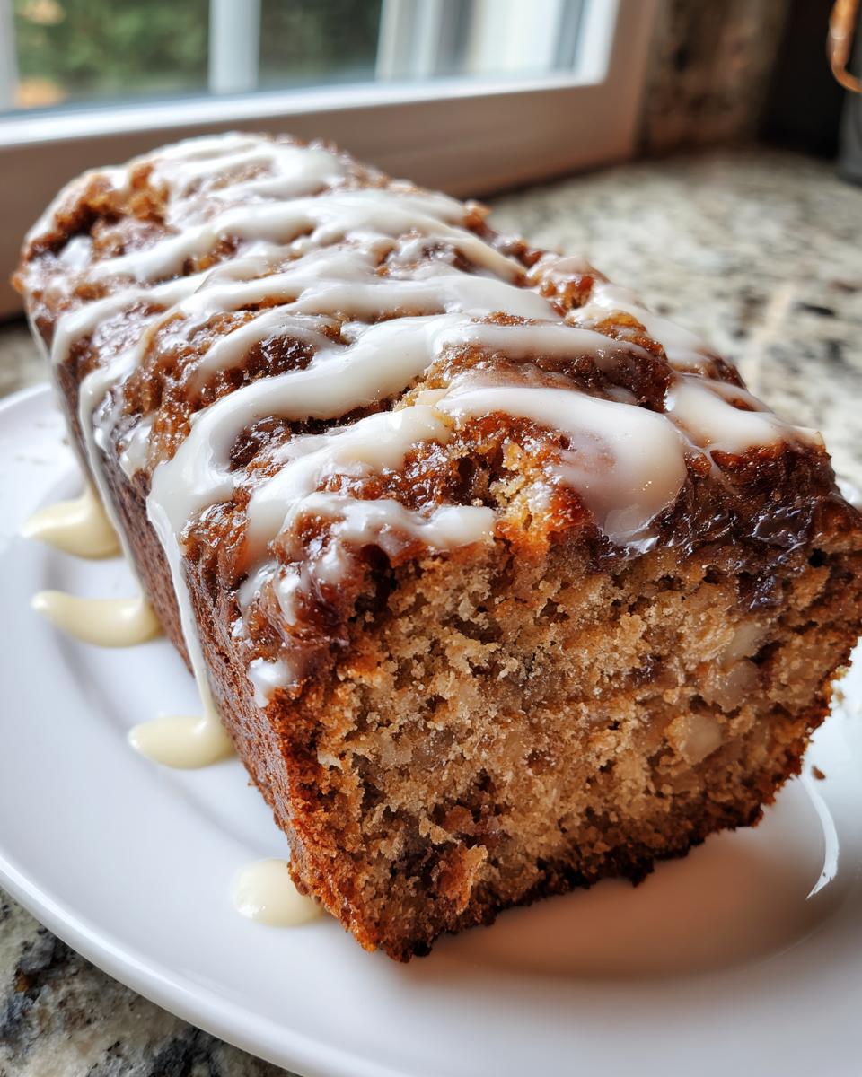 Close-up of a freshly baked, moist apple bread loaf topped with a white vanilla glaze.