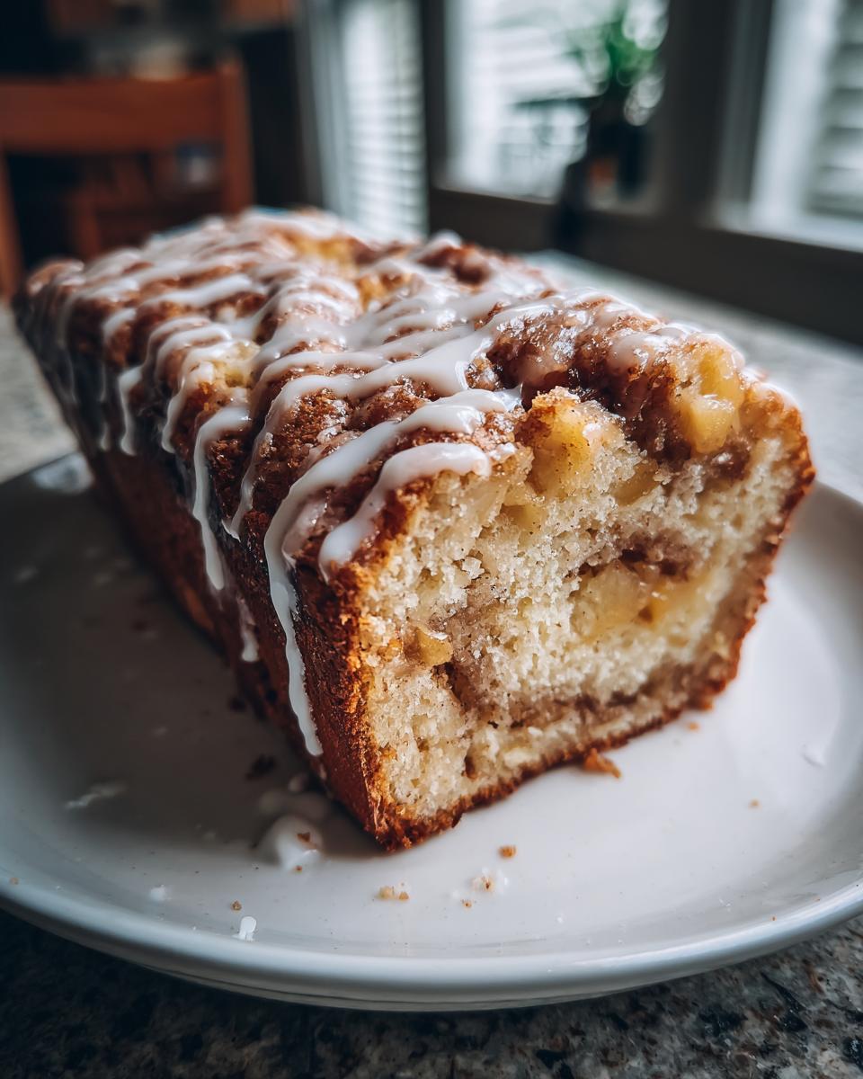 A close-up of a freshly baked apple bread loaf drizzled with white vanilla icing.