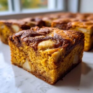 A close-up, mouth-watering shot of a single square of moist apple brownies with visible chunks of apple.